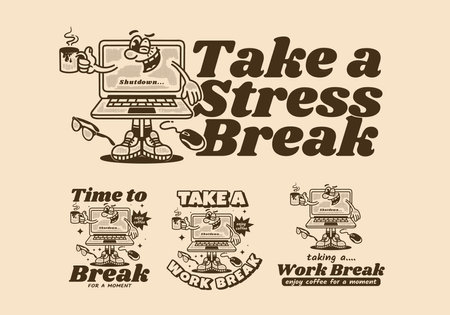 Laptop mascot character design holding a coffee cup, in four different styleのイラスト素材