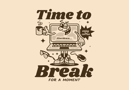 Time to break, a laptop mascot character design holding a coffee mug in vintage styleのイラスト素材