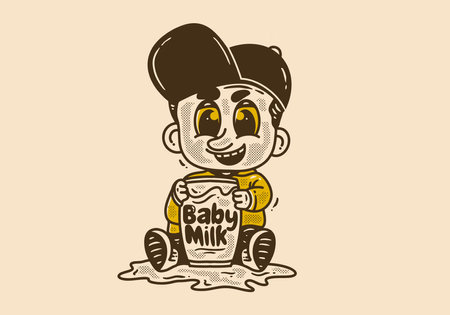 vintage drawing of baby character holding a glass of milkのイラスト素材