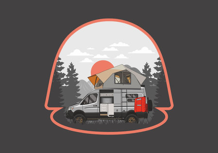 Large camper van with roof tent illustration designのイラスト素材