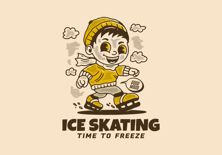 Ice skating time to freeze, mascot character illustration of a little boy playing ice skate, in vintage styleのイラスト素材