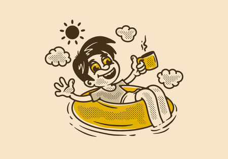 illustration of a child relaxes on a lifebuoy with his hand holding a cup of coffee, design in vintage styleのイラスト素材