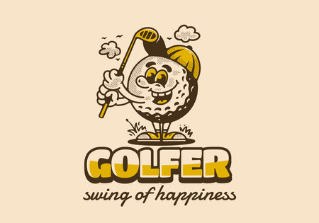 Golfer swing of happiness, mascot character illustration of golf ball holding a golf stick, design in vintage styleのイラスト素材
