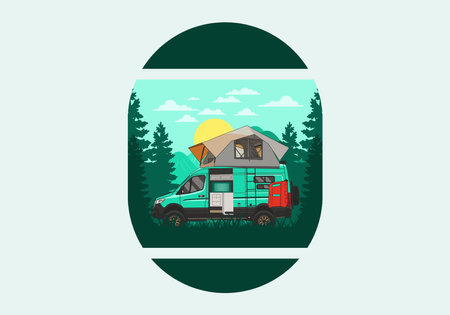 Large camper van with roof tent illustration designのイラスト素材