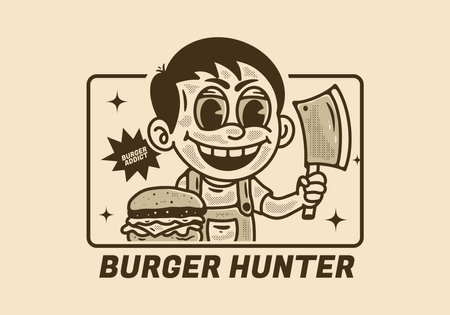Burger hunter, illustration of a boy holding butcher knife with burger in front of him, design in vintage styleのイラスト素材
