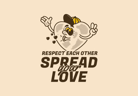 Spread your love, Heart mascot character illustration, design in vintage styleのイラスト素材