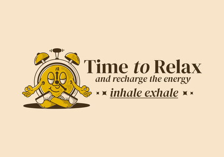 Time to relax and recharge energy, alarm clock mascot character in meditation pose, design in vintage styleのイラスト素材
