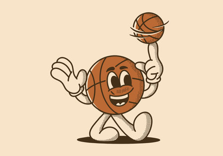 Mascot character illustration of walking basketball spin the ball, design in vintage styleのイラスト素材