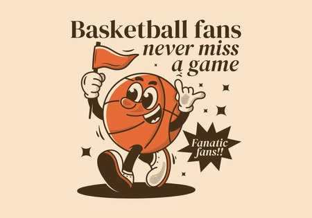 Basketball fans, never miss a game. Retro mascot character illustration of basketball ball holding a triangle flagのイラスト素材