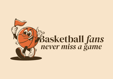 Basketball fans, never miss a game. Retro mascot character illustration of basketball ball holding a triangle flagのイラスト素材