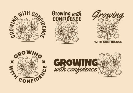 Growing with confidence. Vintage mascot character illustration of a flowers with happy faceのイラスト素材