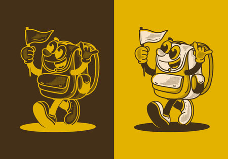 Vintage mascot character illustration of walking school bag holding a flagのイラスト素材