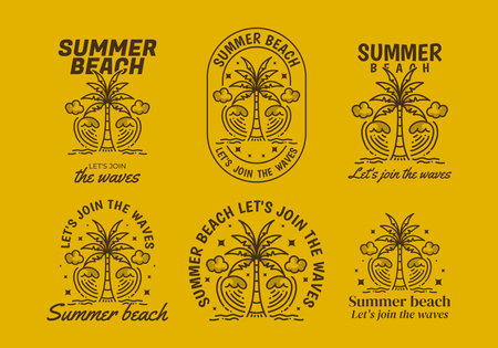Summer beach, Let's join the waves. Vintage line art illustration of coconut tree and wavesのイラスト素材