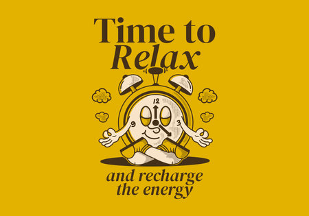 Time to relax. Alarm clock mascot character illustration in meditation poseのイラスト素材