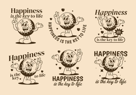 Happiness is the key to life. Vintage mascot character illustration of golf ball with happy faceのイラスト素材