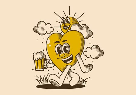 Your happiness depends on your actions. Character of a sun and heart holding a beer. in happy faceのイラスト素材