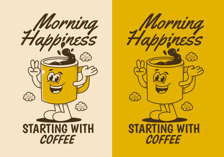 Morning happiness starting with coffee. Vintage character illustration of coffee mug with happy faceのイラスト素材