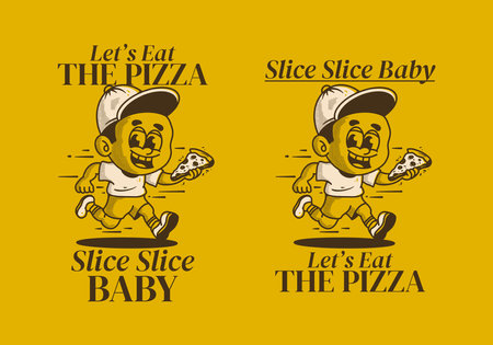 Let's eat the pizza. A boy character running and holding a slice pizzaのイラスト素材