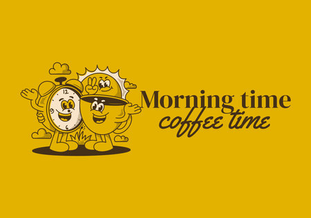 Morning time, coffee time. Mascot character illustration of coffee cup, alarm clock and a sunのイラスト素材
