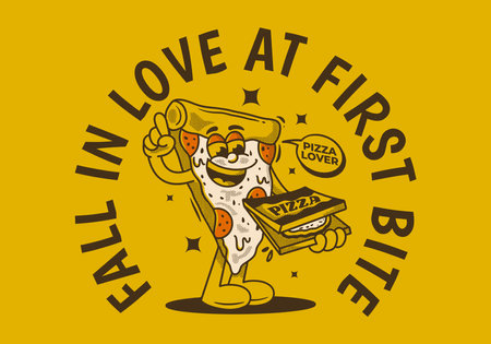 Fall in love at first bite. Mascot character of pizza holding a box pizzaのイラスト素材