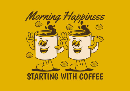 Morning happiness starting with coffee. Mascot character illustration of coffee mug with happy faceのイラスト素材