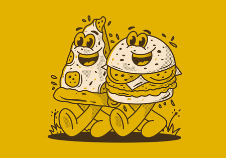 Mascot character illustration of walking burger and pizzaのイラスト素材