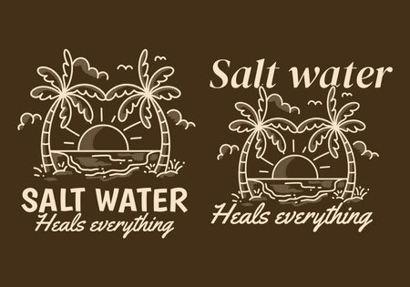 Salt water heals everything. Vintage line art illustration of a beach with big sunのイラスト素材