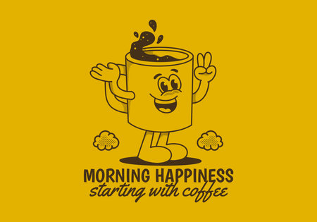 Morning happiness starting with coffee. Mascot character illustration of coffee mug with happy faceのイラスト素材
