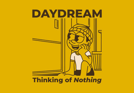 Daydream, thinking of nothing. illustration of a boy wearing a beanie was daydreaming by the windowのイラスト素材