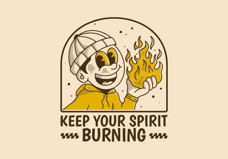Keep your spirit burning. Retro style illustration of a beanie guy holding a fireのイラスト素材