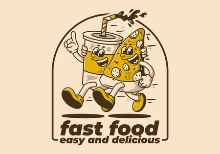 Fast food, easy and delicious. Mascot character illustration of running pizza and soft drinkのイラスト素材