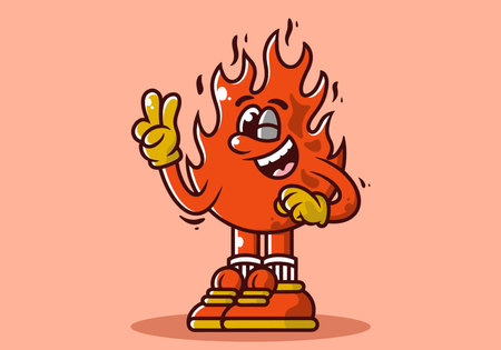 Mascot character illustration of a fire flame with hands forming a symbol of peace. Red colorsのイラスト素材