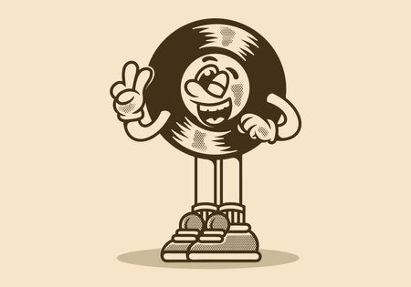 Mascot character illustration of a vintage vinyl with hand forming peace symbolのイラスト素材