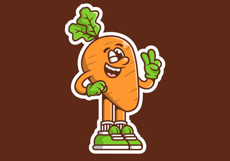 Cute mascot character illustration of a carrot with hand forming peace symbolのイラスト素材