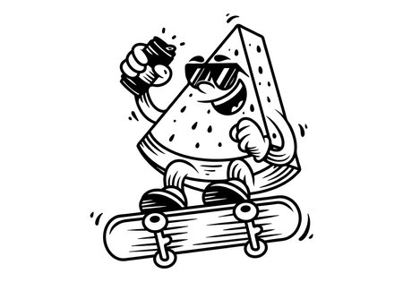 Line art Mascot character of watermelon jumping on the skateboard. Holding a beer canのイラスト素材
