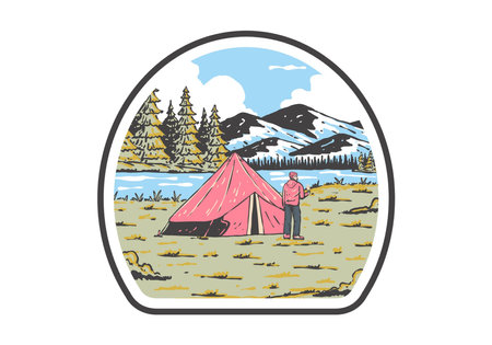 River side camping. Vintage outdoor illustration badge designのイラスト素材