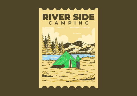 River side camping. Vintage outdoor illustration badge designのイラスト素材