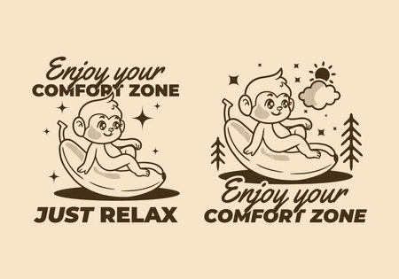 Enjoy your comfort zone. Retro Mascot character illustration of cute monkey sit on the bananaのイラスト素材