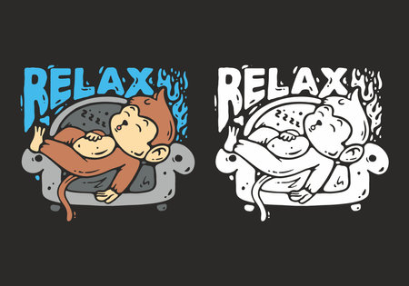 Monkey relaxing on the sofa character illustration design in dark backgroundのイラスト素材