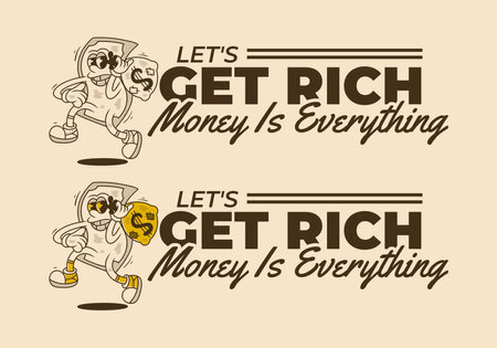 Let's get rich. Money mascot character holding a money bag, vintage retro illustration designのイラスト素材