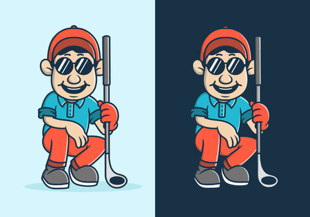 Golfer character illustration holding a golf stick, in two different backgroundのイラスト素材