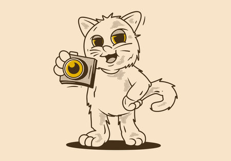 Vintage mascot character of a standing cat holding a a pocket camera