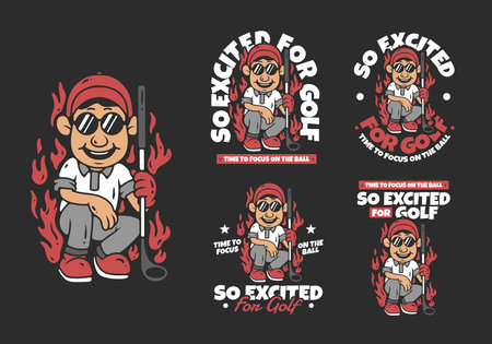 So exited for golf. Golf boy character with fire flame illustration design. red white grey colorsのイラスト素材