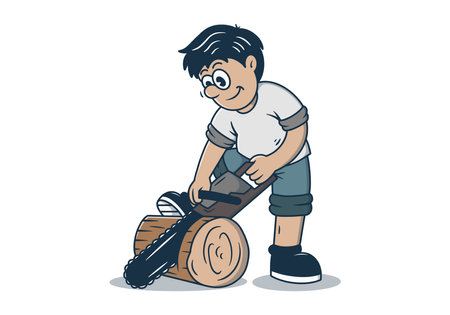 Illustration of a Carpenter character sawing a block of woodのイラスト素材