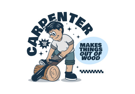 Illustration of a Carpenter character sawing a block of woodのイラスト素材