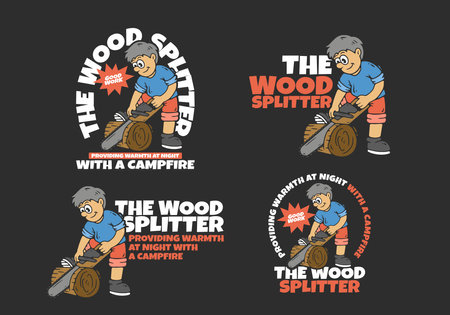Wood splitter character is splitting wood using a chainsaw. Flat art illustration in 4 types versionのイラスト素材