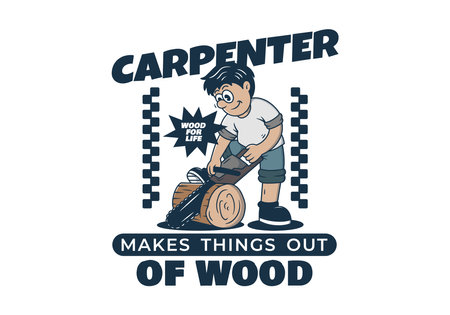 Illustration of a mascot Carpenter sawing a block of woodのイラスト素材