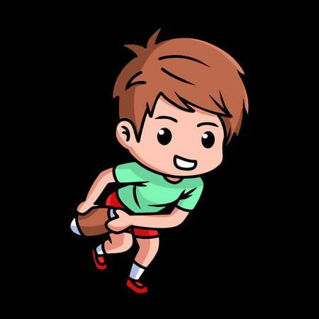 Boy rugby player holding a rugby ball in running pose, chibi character illustration in black backgroundのイラスト素材
