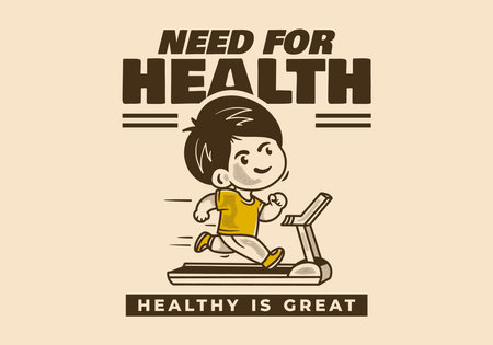 Healthy is great. Vintage boy mascot character running on treadmillのイラスト素材