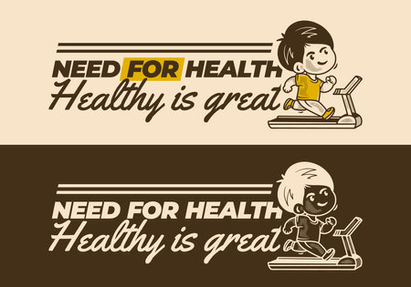 Vintage boy mascot character running on treadmill in two color versionのイラスト素材